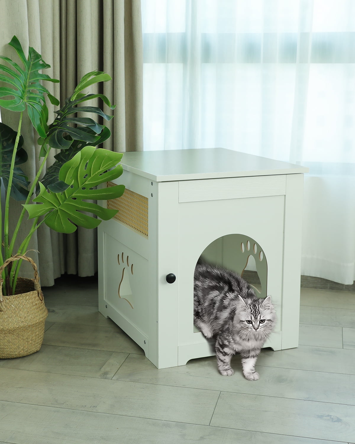 WellMall Cat Litter Box Enclosure， Cat House Side Table，Night Stand Pet House， Indoor Cat House-White