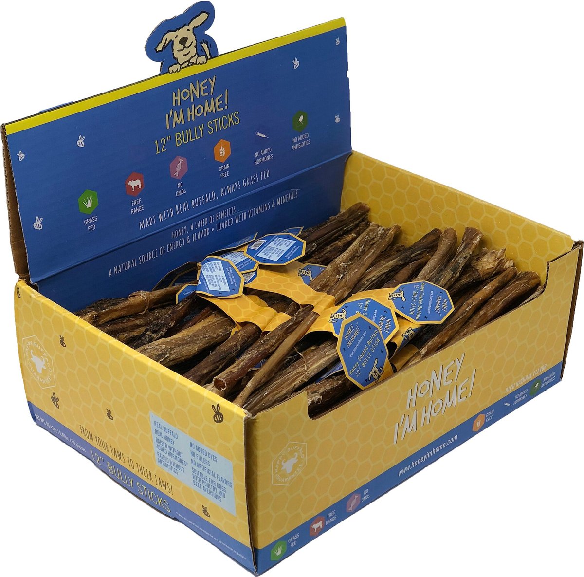 Honey I'm Home! 12-in Bully Sticks Natural Honey Coated Buffalo Chews Grain-Free Dog Treats