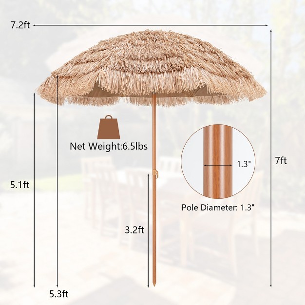 Costway 7 2ft Patio Thatched Tiki Umbrella W tilt 8 Ribs Hawaiian Hula Beach