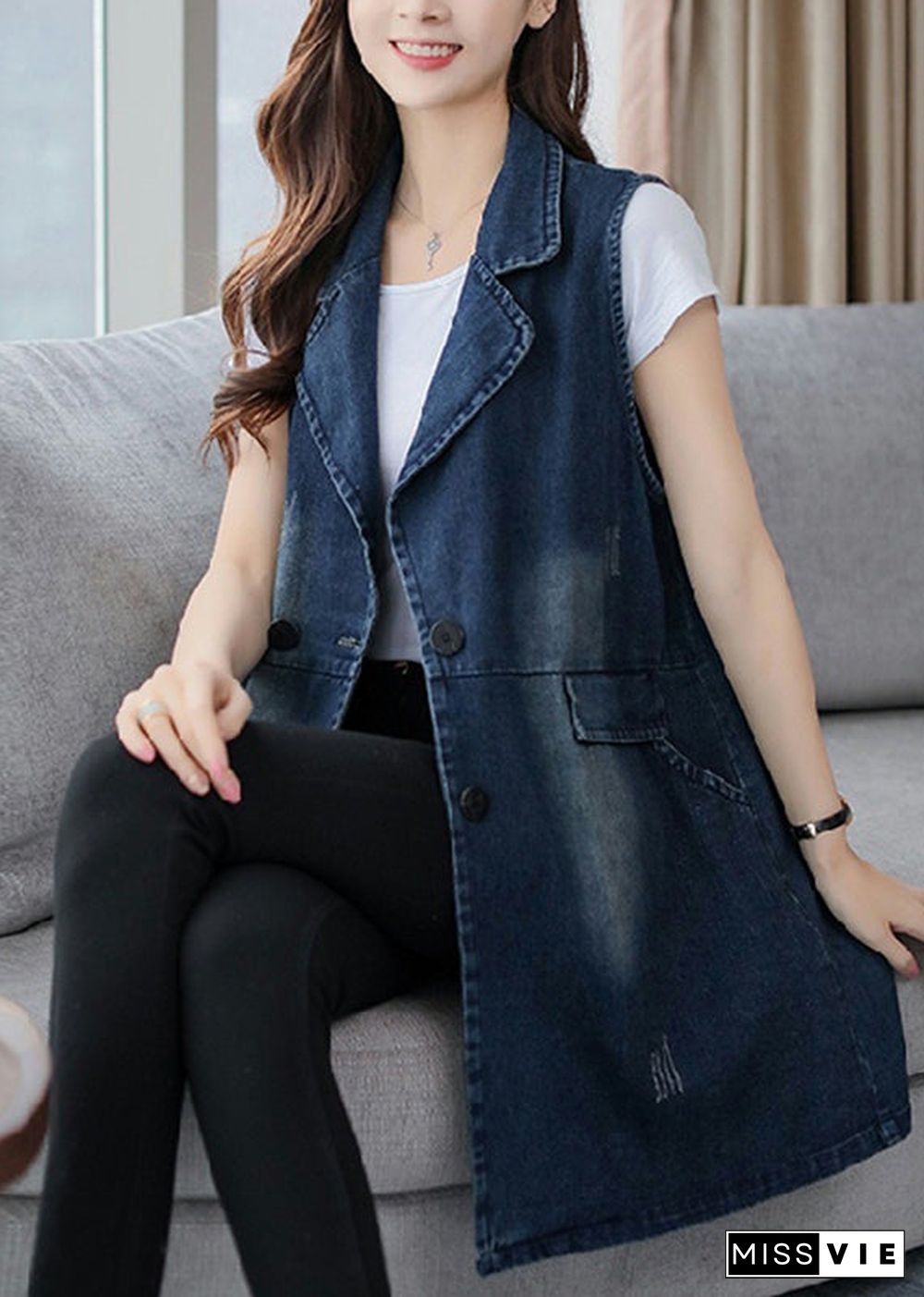 Elegant Blue Notched Patchwork Button Denim Waistcoat Fall