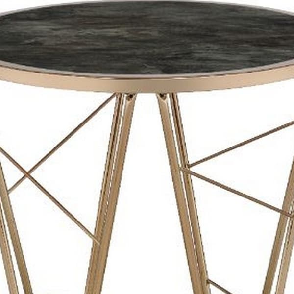 End Table with Glass Top and Geometric Frame， Black and Gold