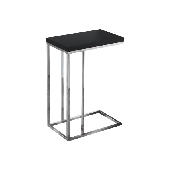 Accent Table， C-shaped， End， Side， Snack， Living Room， Bedroom， Glossy Black Laminate， Chrome Metal， Contemporary， Modern