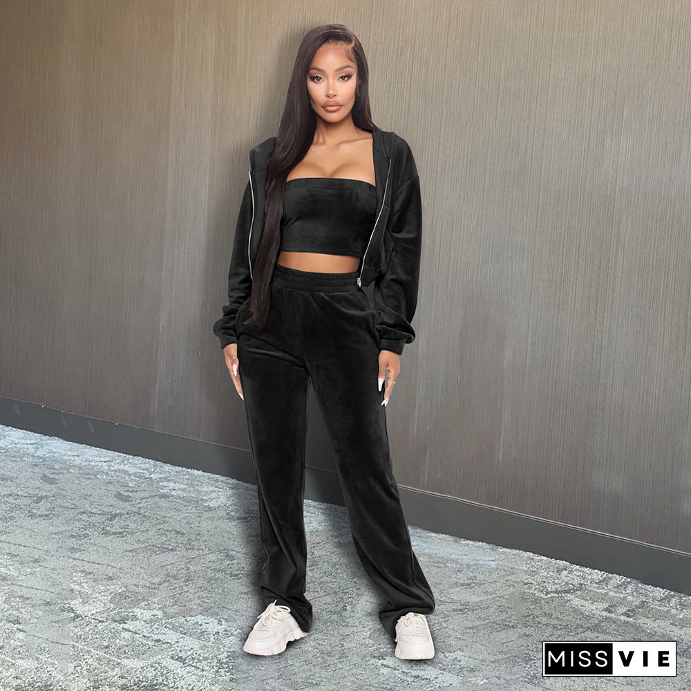 Velvet Hooded Coat+Strapless Crop Top+Pants Set