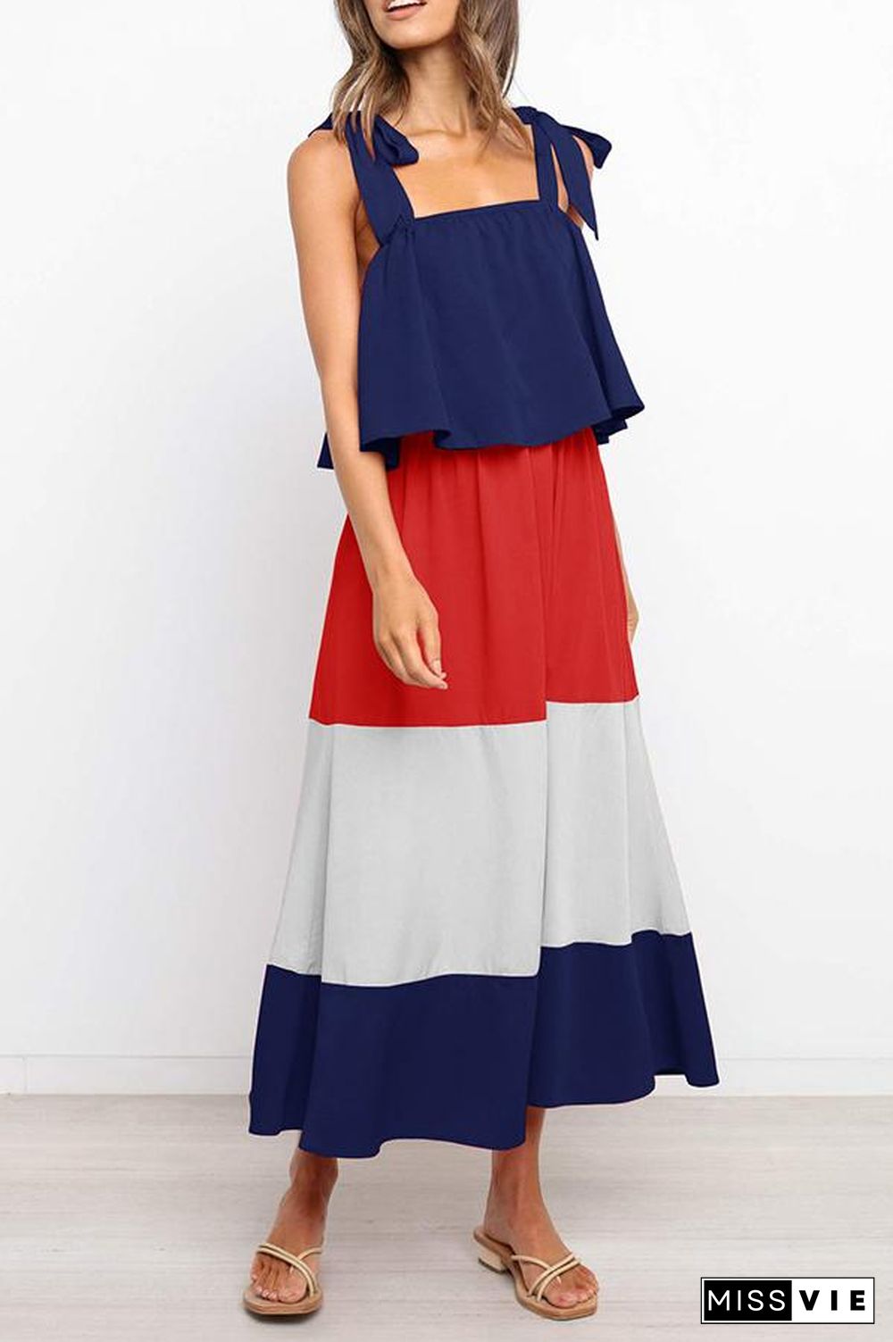 Lace-up Ruffled Colorblock Maxi Dress P13032