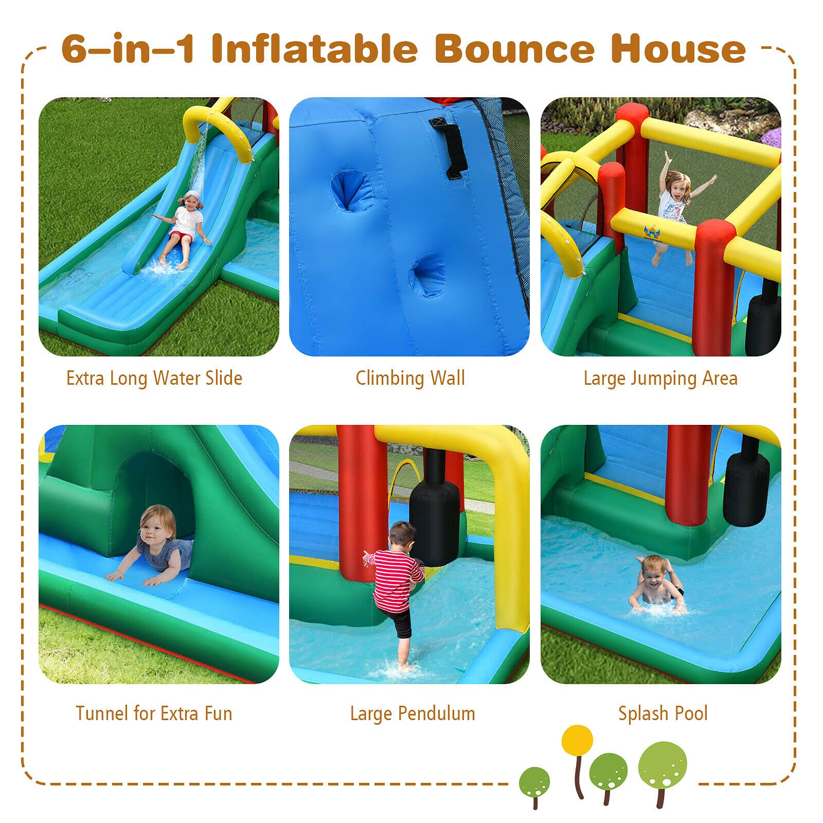 BOUNTECH 6-in-1 Kids Water Bounce House Jumping Castle for Wet Dry Combo with Long Slide