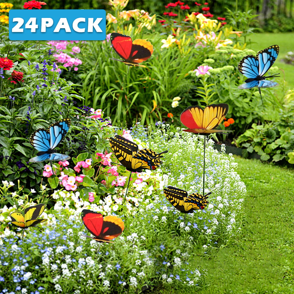 Willstar 24Pcs Garden Butterfly Stakes Outdoor Yard Planter Flower Pot Bed Ornaments Decor Butterflies on Metal Wire Plant Stake