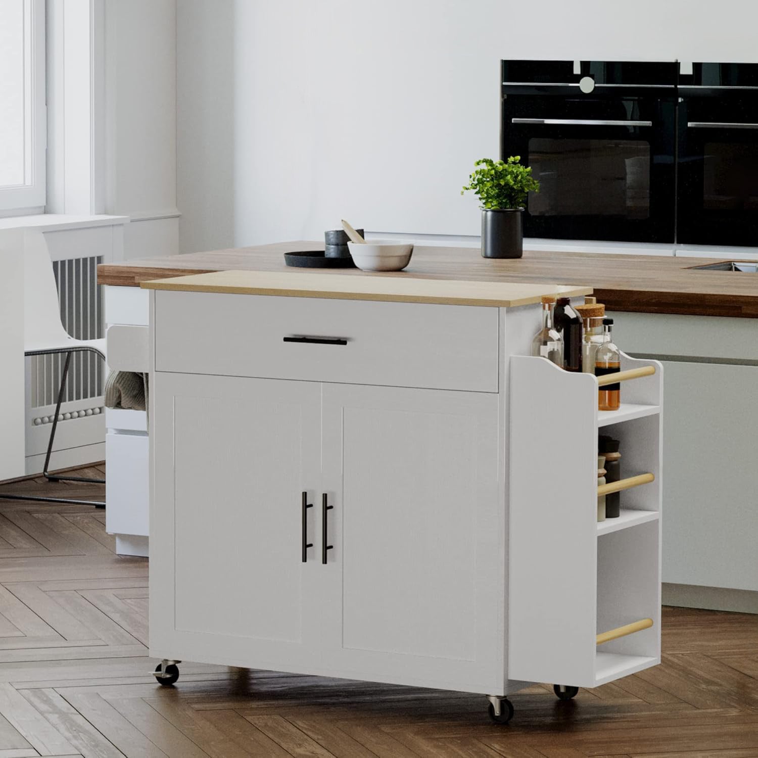 Rolling Kitchen Island with Drop Leaf, Kitchen Cart with Storage, Cabinet with Drawer