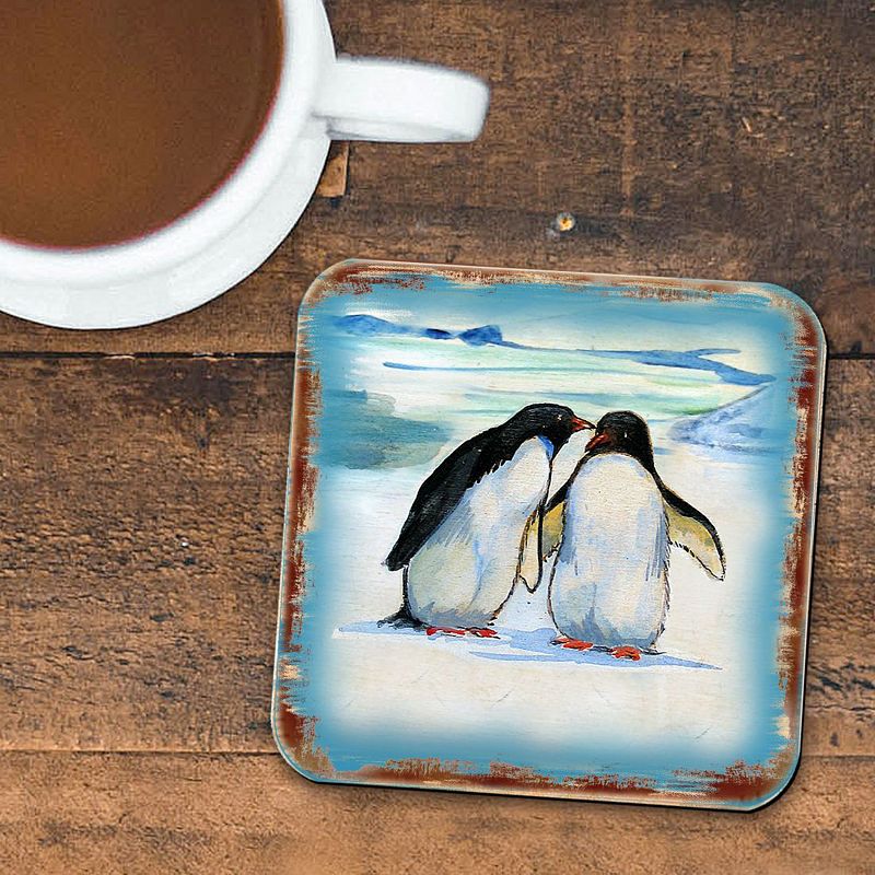 Penguins Wooden Cork Coasters Gift Set of 4 by Nature Wonders