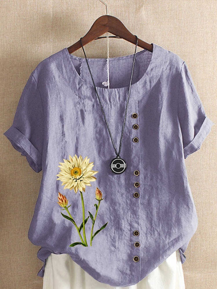 Round Neck Casual Loose Floral Print Short Sleeve Blouse