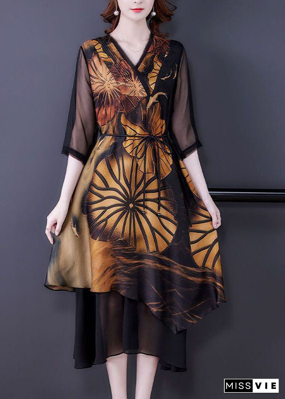 Women Black Asymmetrical Patchwork Print Silk Dress Summer