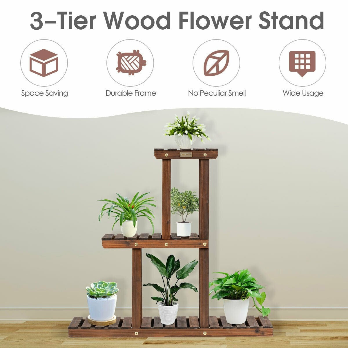 3 Tier Indoor Outdoor Wooden Plant Stand Vertical Display Shelf