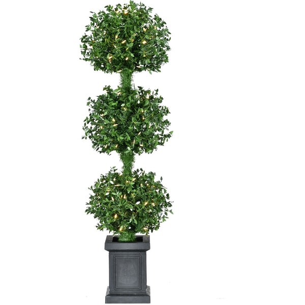 Fraser Hill Farm 4Ft. Boxwood 3Ball Topiary with Black Pot and Warm White LED Lights