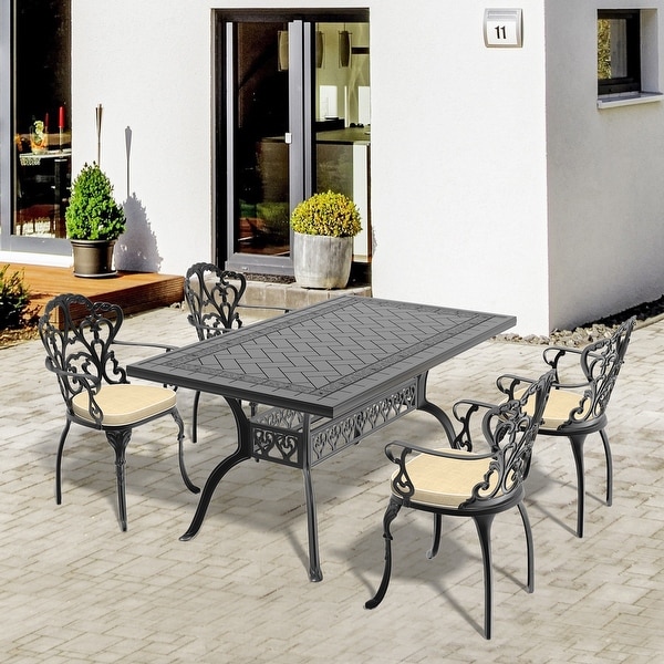 5/7Piece Cast Aluminum Outdoor Dining Set with 59.06'' L X 35.43'' W Rectangular Table and Random Color Seat Cushions