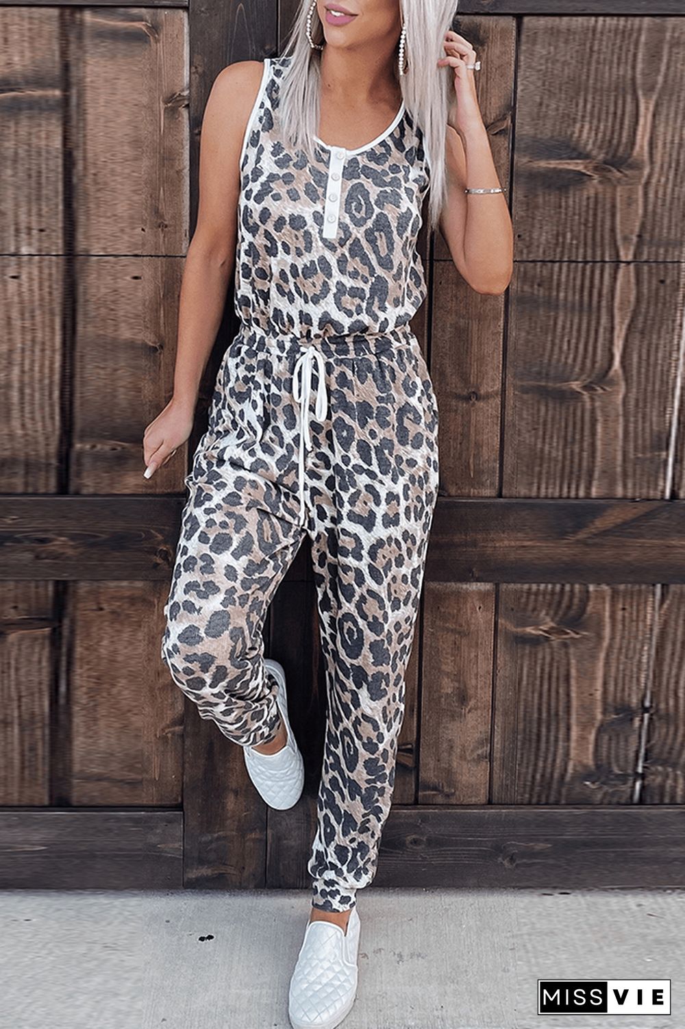 Leopard Drawstring Buttons Sleeveless Jumpsuit