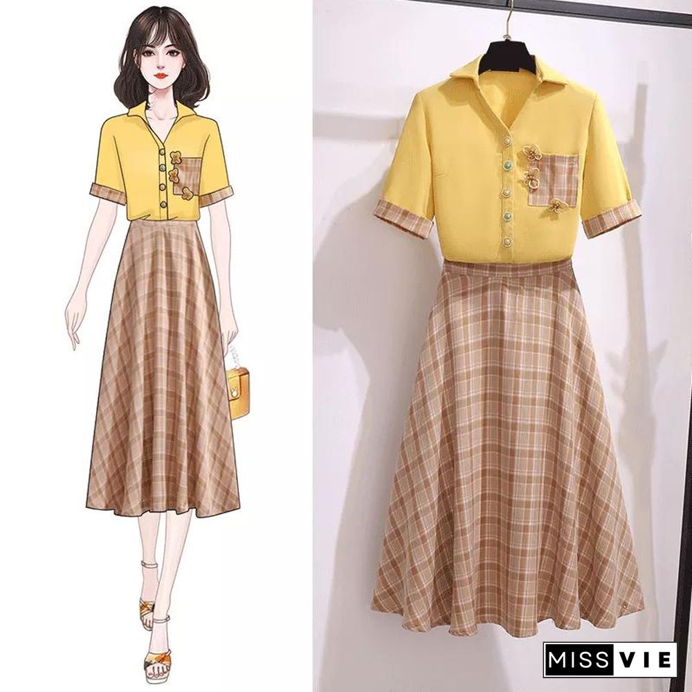 Elegant Chiffon Blouse+Plaid Skirt P11339