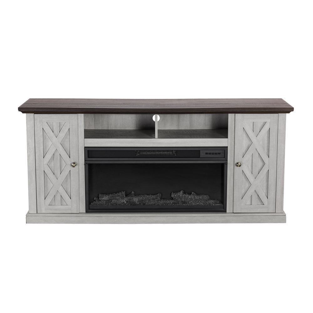 FESTIVO 68 in Freestanding Electric Fireplace TV Stand in Saw Cut Off White with Dark Desktop