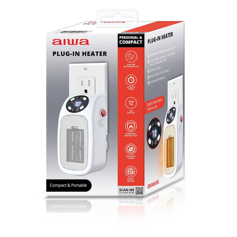 AIWA 7.87 in Electric Outlet Ceramic Plug-In Space Heater LCD Digital Screen Up to 24-Hour Timer 400-Watt WSH3-1003-WHT