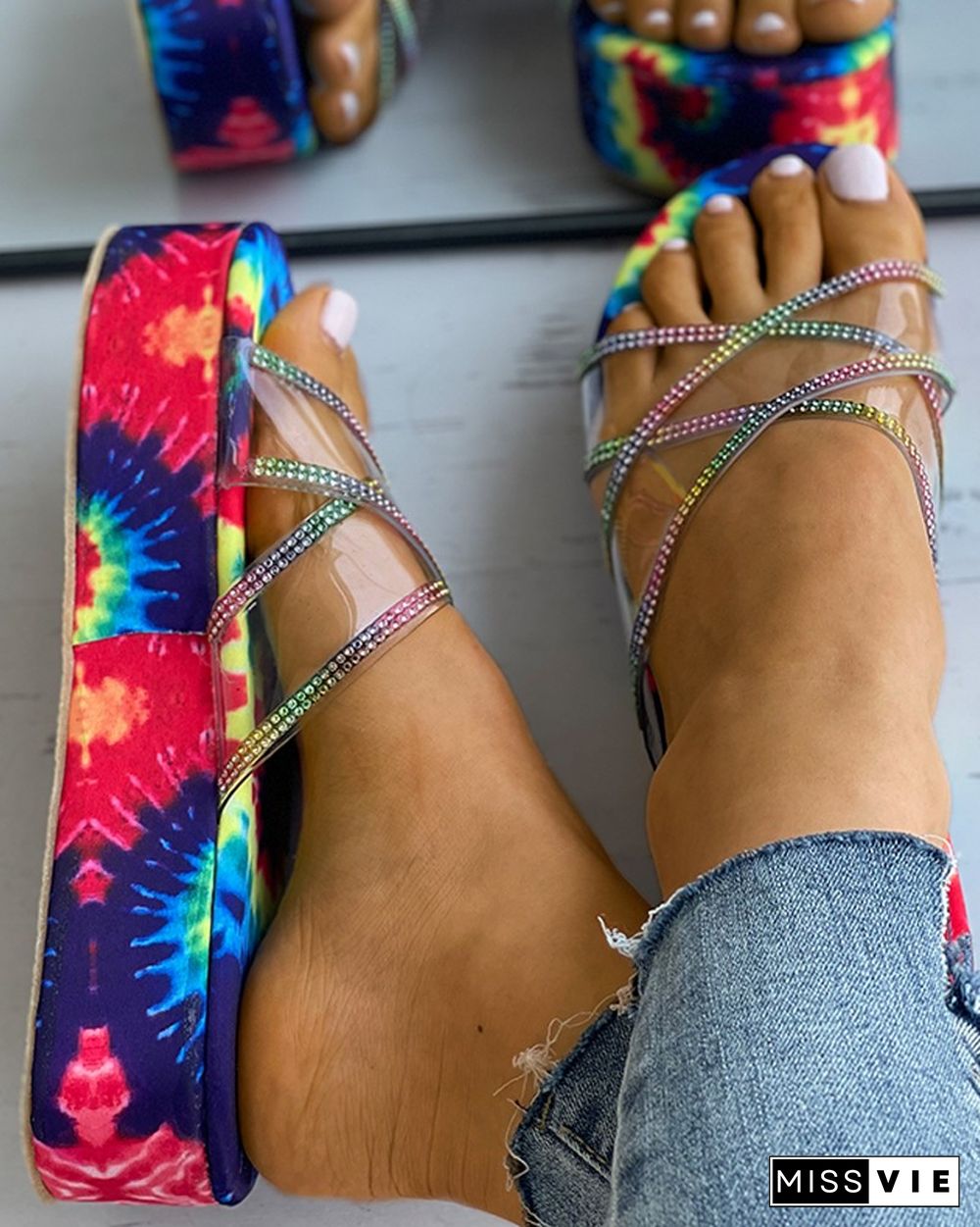 Tie Dye Print Clear Perspex Studded Flatform Slippers