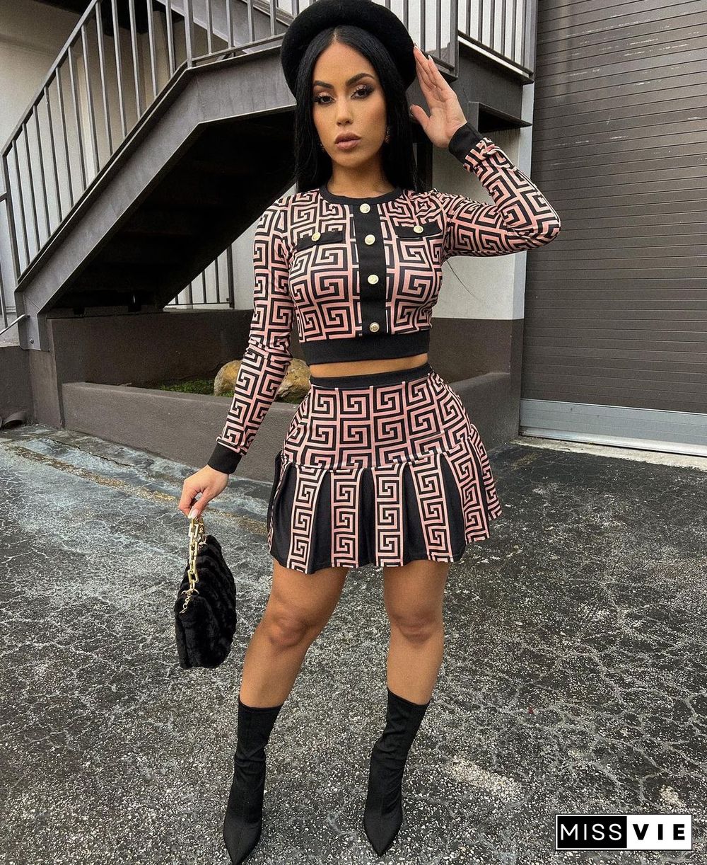 Long Sleeve Print Crop Top Mini Skirt Sets 2 Pieces