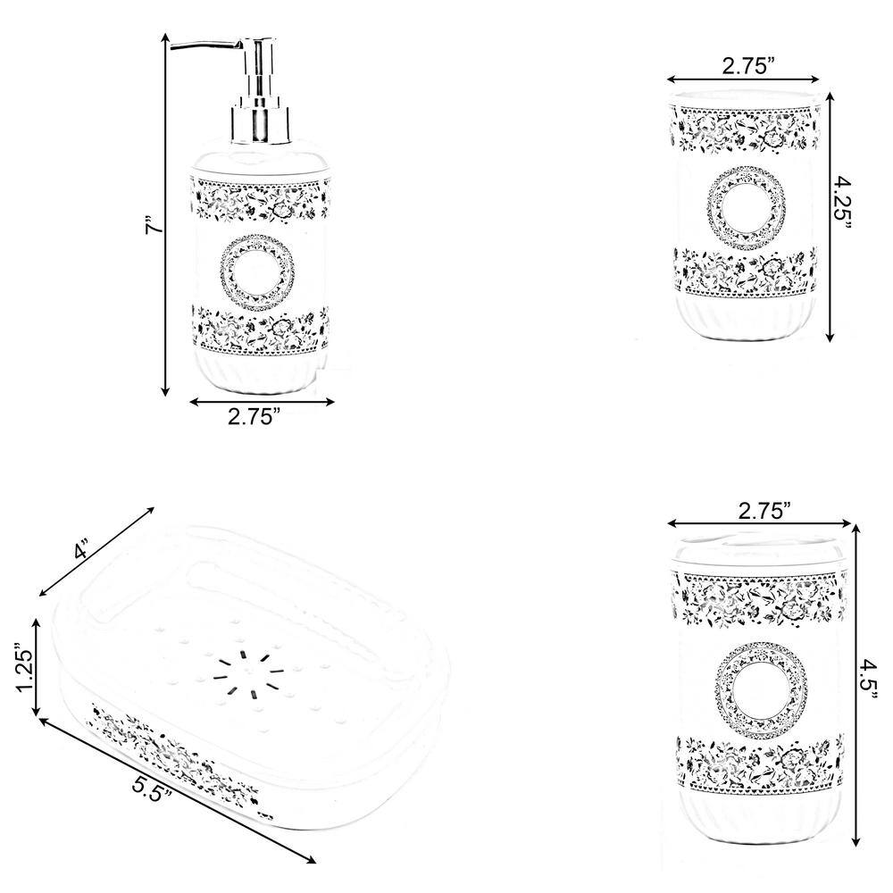 Basicwise 4 Piece Bathroom Accessory Set - Includes Soap Dispenser Toothbrush Holder Tumbler and Soap Dish White QI003263.WT