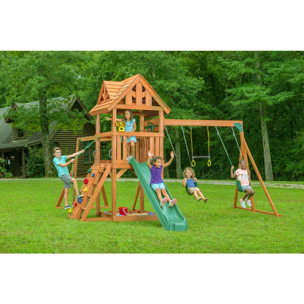 Creative Cedar Designs Mountain View Lodge Playset with Wooden Roof Monkey Bars and Multi-Color Swing Set Accessories and Green Slide 3431