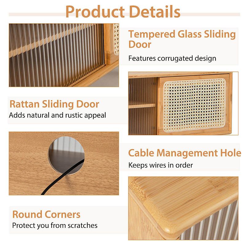 Modern TV Stand with Rattan Glass Sliding Doors Natural