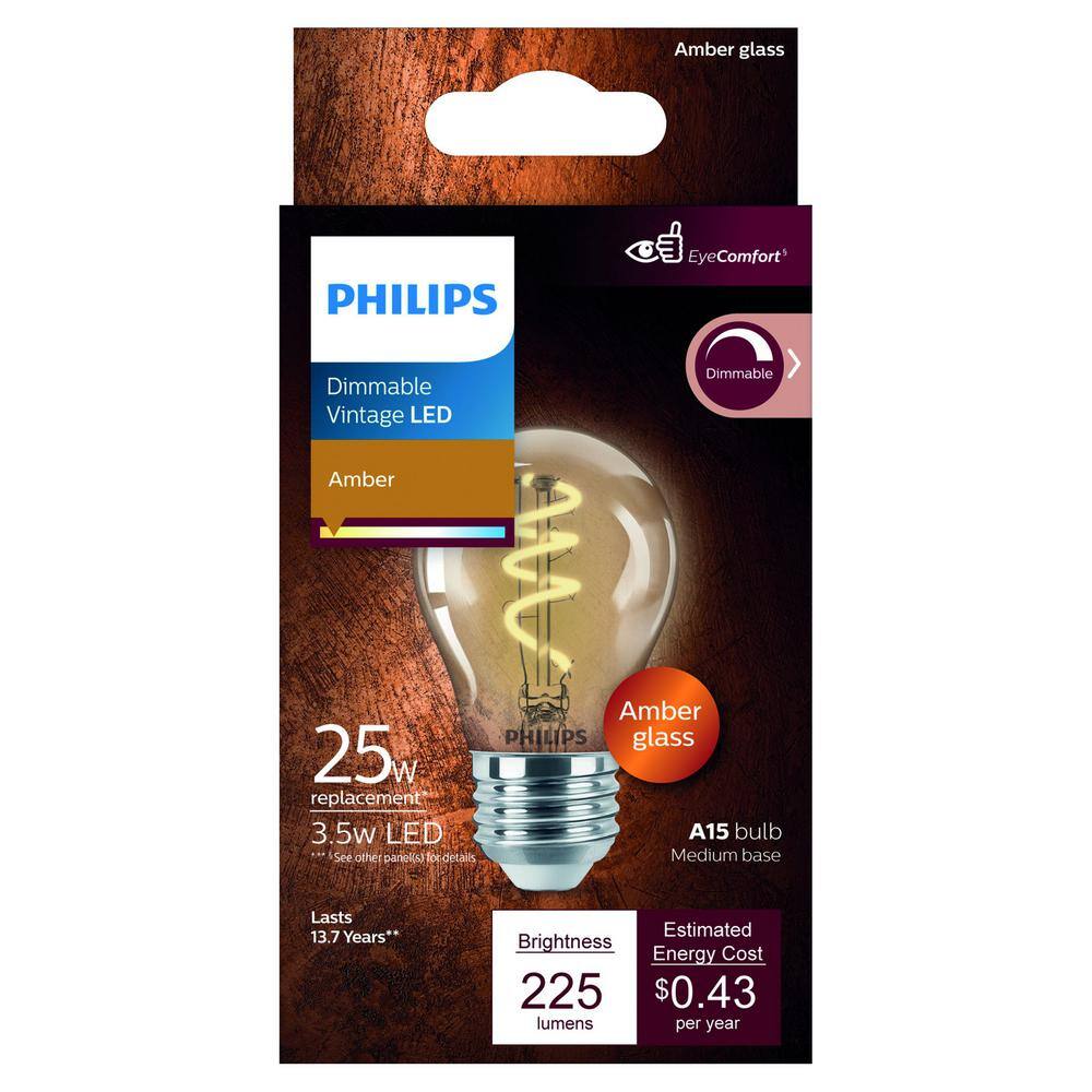 Philips 25-Watt Equivalent A15 Spiral Filament E26 Base LED Vintage Edison LED Light Bulb 2000K Amber (1-Pack) 565655