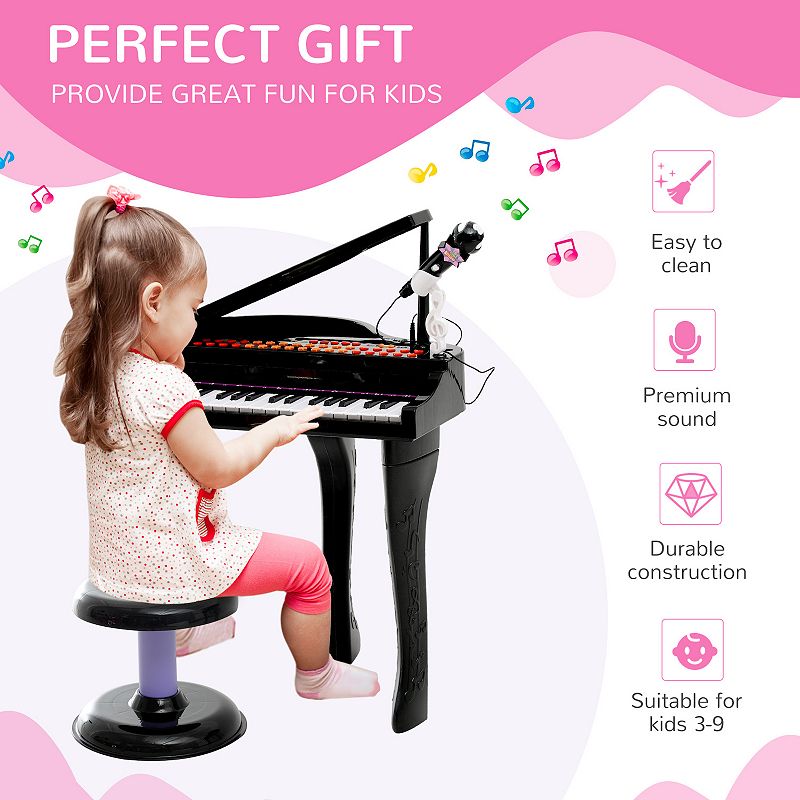 Qaba 37 Key Kids Piano Toy Keyboard Piano Musical Electronic Instrument Grand Piano with Microphone Biuld in MP3 Songs and Stool for 3 9 Years Children Black