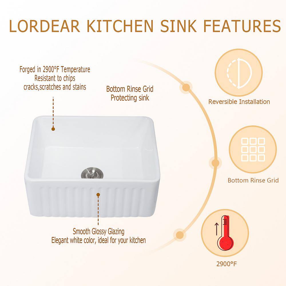 LORDEAR White Fireclay 24 in. Single Bowl Farmhouse Apron Kitchen Sink with Bottom Grid LD-LAW2418R1