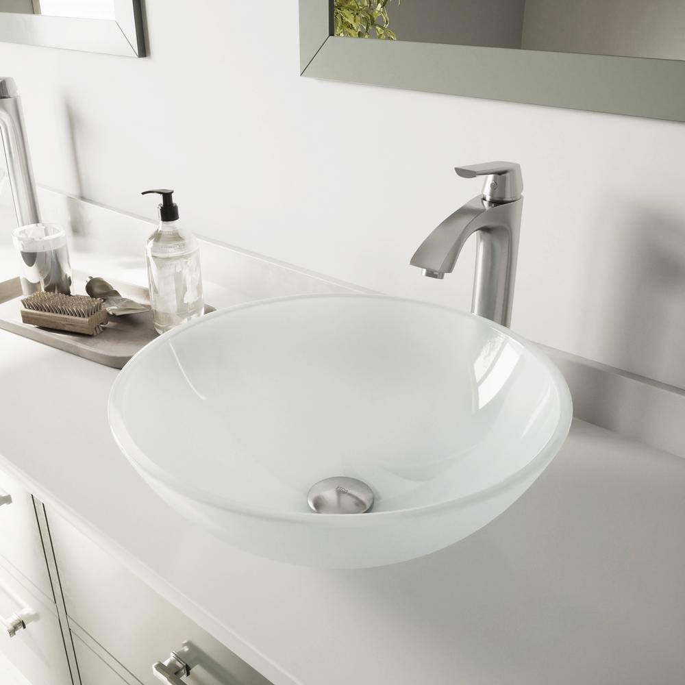 VIGO Glass Round Vessel Bathroom Sink in Frosted White with Linus Faucet and Pop-Up Drain in Brushed Nickel VGT1091