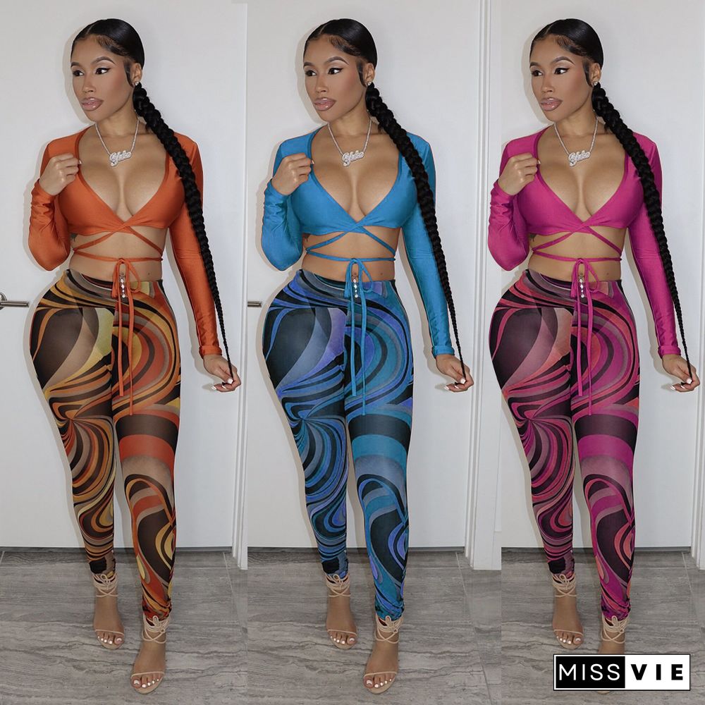 Low Cut Bandage Crop Top Bodycon Pants Set