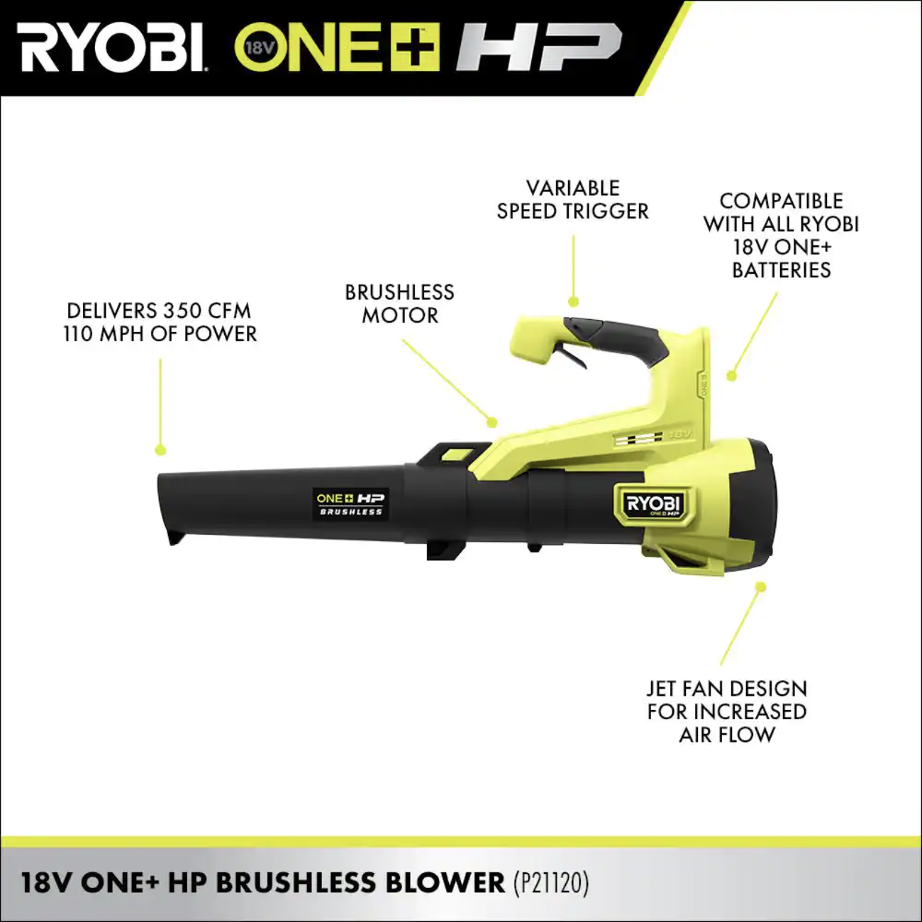 Ryobi ONE+ HP 18V Brushless 110 MPH 350 CFM Cordless Variable-Speed Jet Fan Leaf Blower (Tool Only)