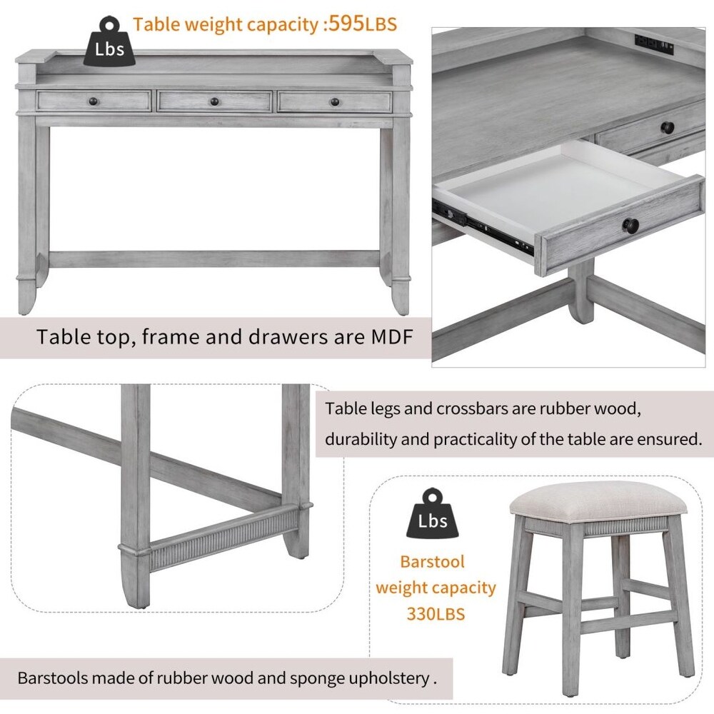 4 piece Dining Bar Table Set with 3 Drawers and 3 Upholstered Stools