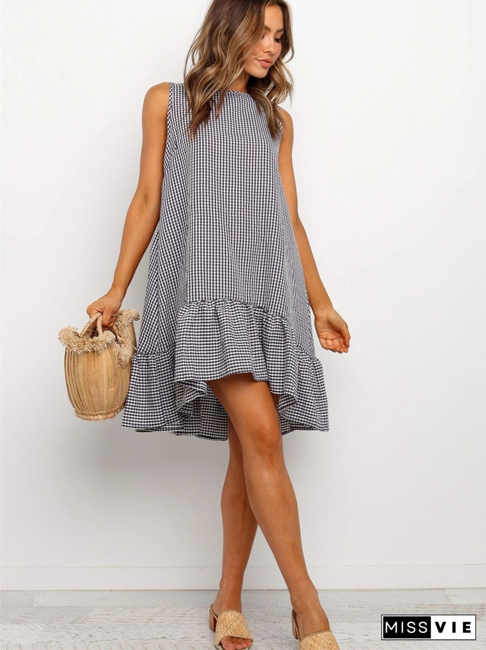 Temperament Sleeveless Plaid Round Neck Ruffled Skirt Dress for Women