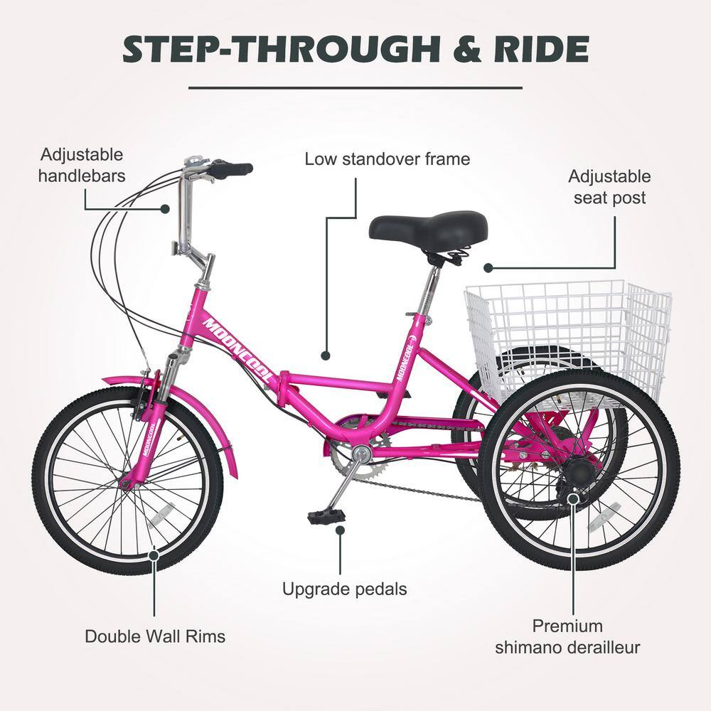MOONCOOL Folded Adults Tricycle Trike Cruiser 3 Wheeled Bicycle with Large Basket Men Women Cruiser Bicycles M-P20ZD-MH