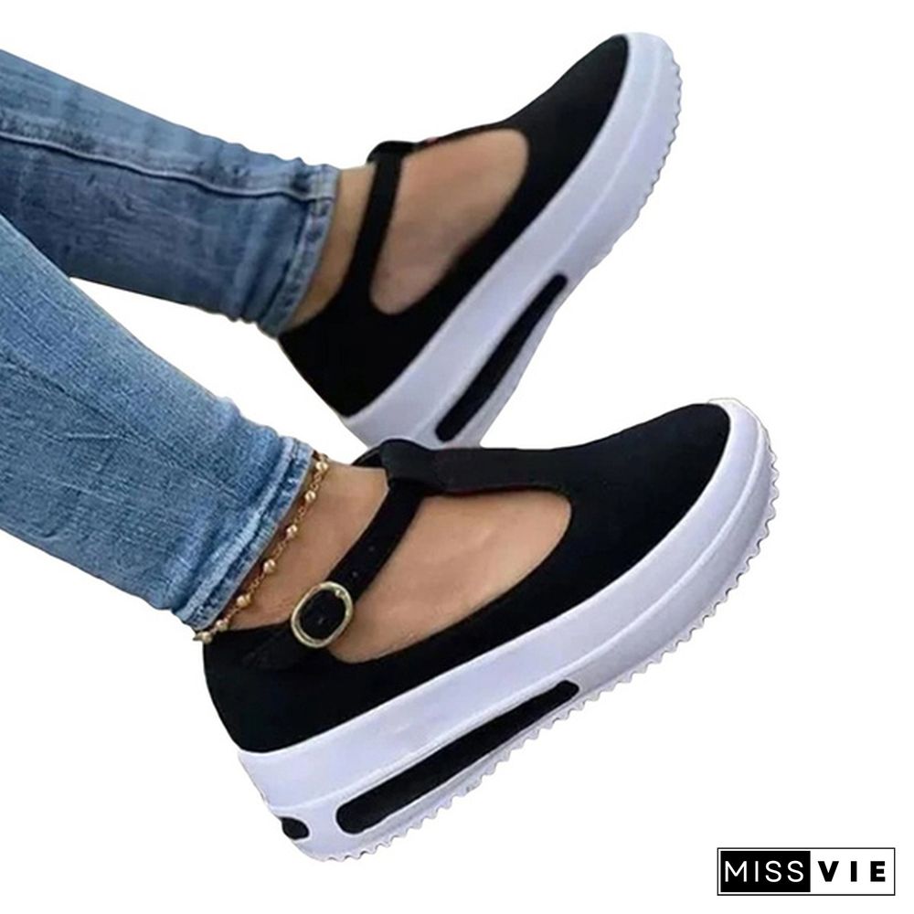 Women Summer Retro Buckle Round Head Wedge Platform Slip-On Sandals Solid Color Slipper Shake Shoes