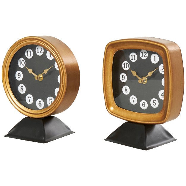 Set Of 2 Metal Round And Square Tabletop Clocks With Black Bases And White Circle Hour Markers Gold Olivia amp May