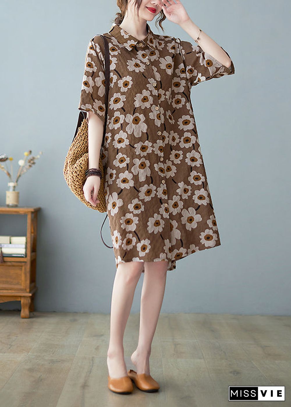 Modern Yellow Button Stand Collar Floral Print Party Dress Half Sleeve