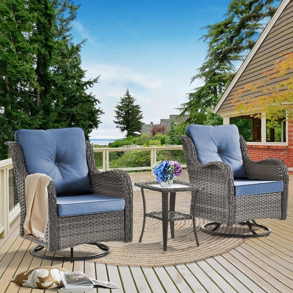 Rattan Wicker Patio Furniture Conversation Seating with 360° High Back Swivel Chairs+Storage Ottomans，Bule Cushions Included🎁