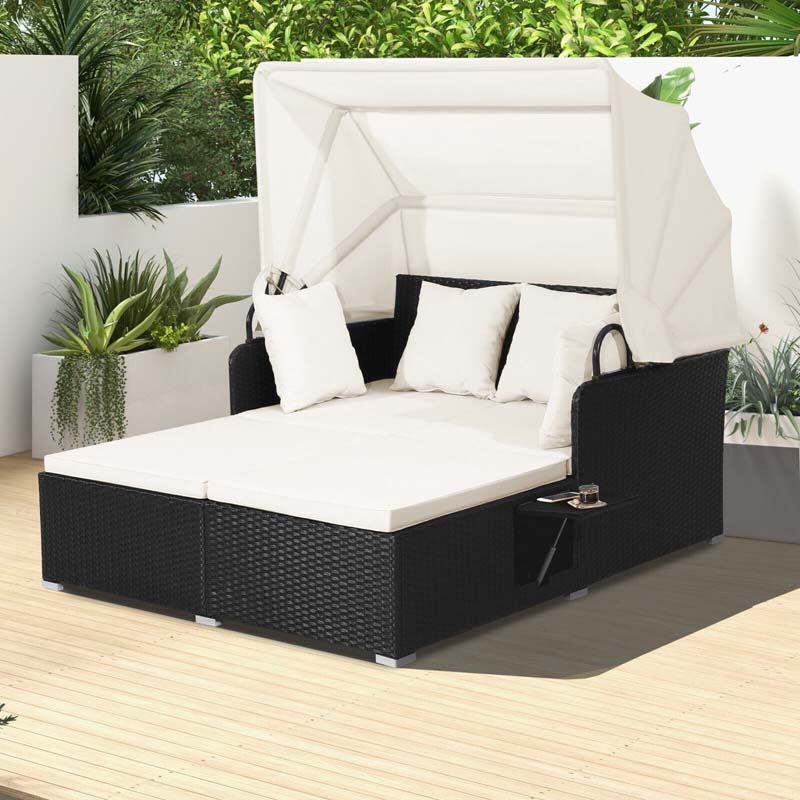 Hand-Woven Rattan Patio Daybed with Retractable Canopy & Side Tables, Outdoor Double Conversation Sunbed