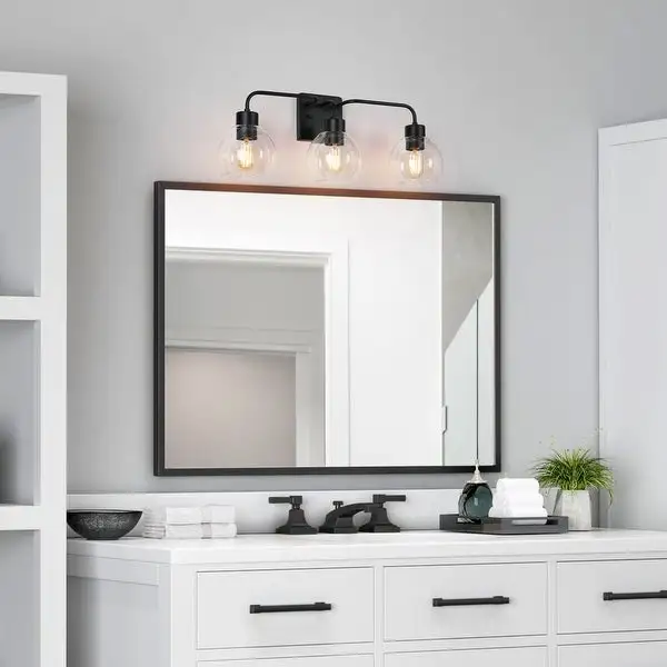 3-Light Modern Black Bathroom Vanity Lights Linear Wall Sconce with Globe Glass - 24.5