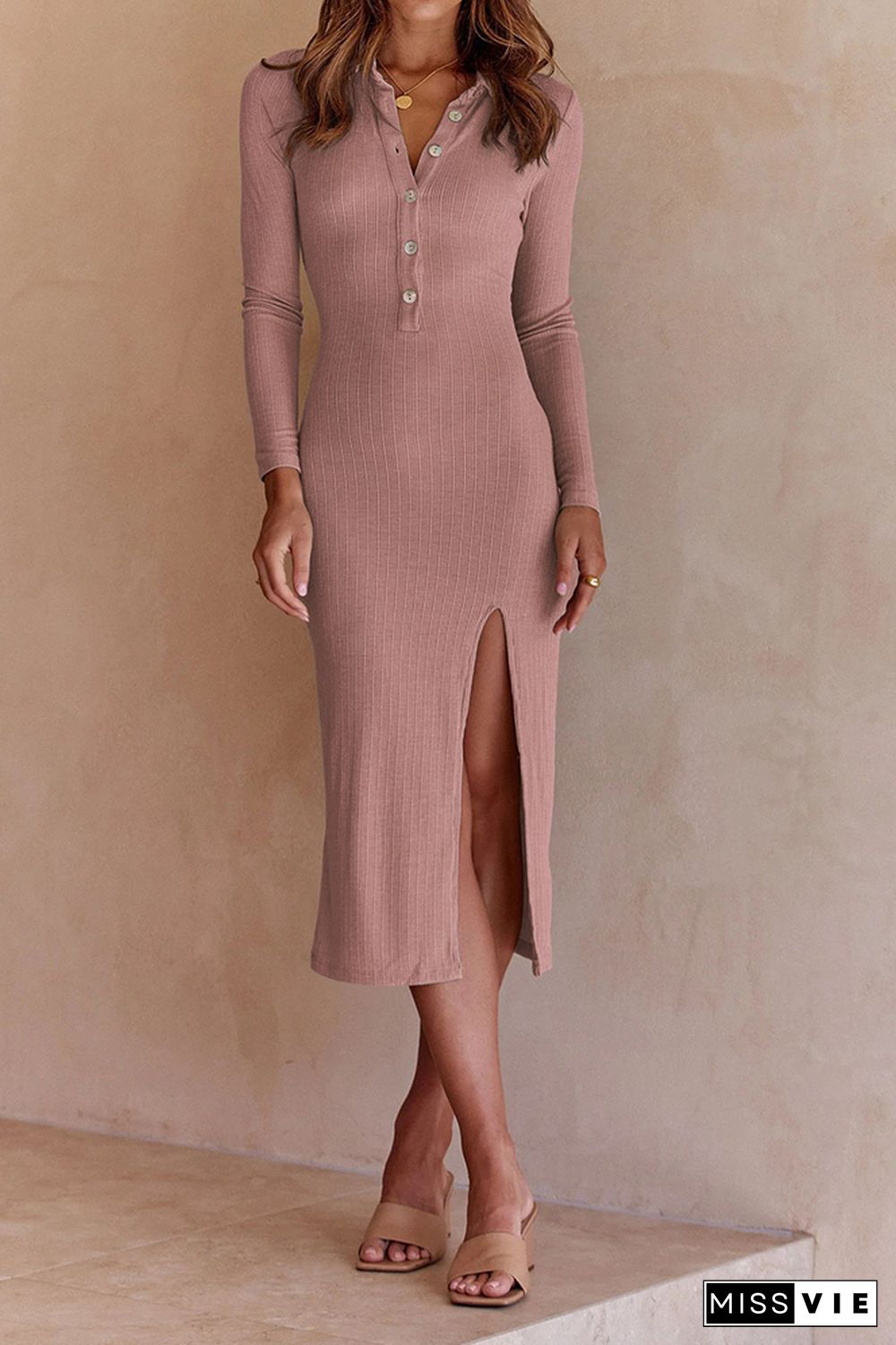 Button Down Split Knit Long Sleeves Midi Dress