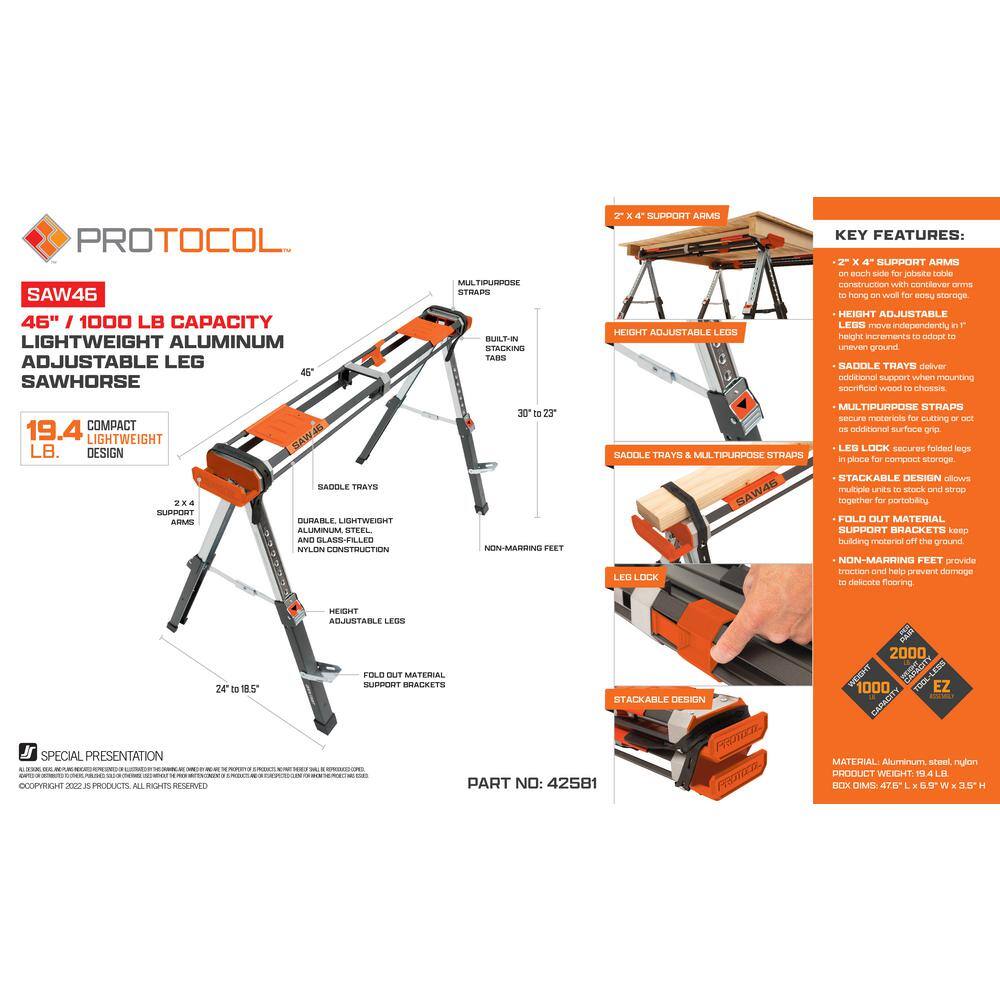 PROTOCOL 46 in. x 29 in. Lightweight Aluminum Adjustable Height Collapsible Sawhorse SAW46