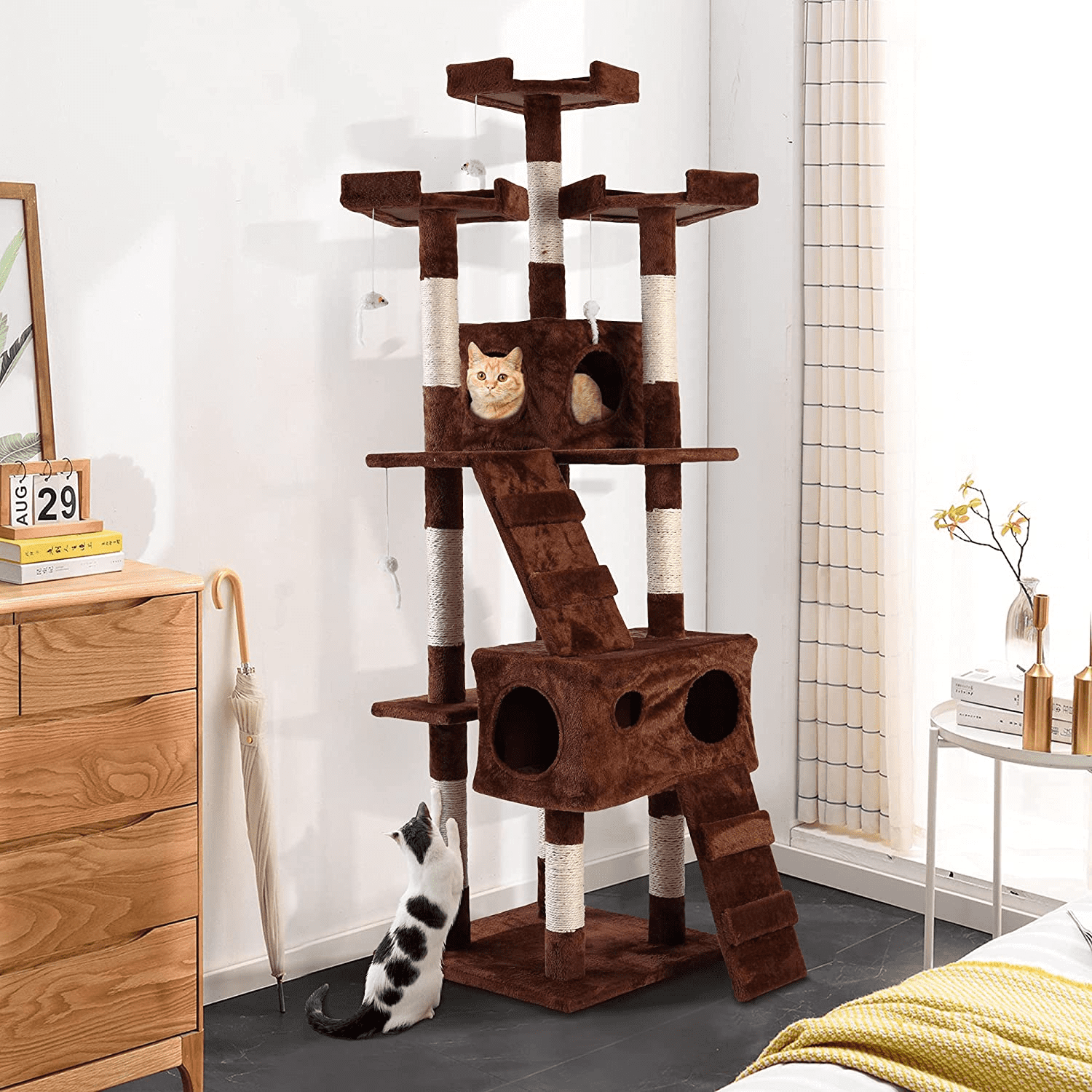 Jaxpety 67-in Cat Tree and Condo Scratching Post Tower， Brown