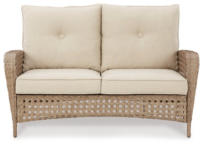 Signature Design by Ashley Braylee Outdoor 2 Piece Patio Driftwood Resin Wicker Cushioned Loveseat and Table, Rustic