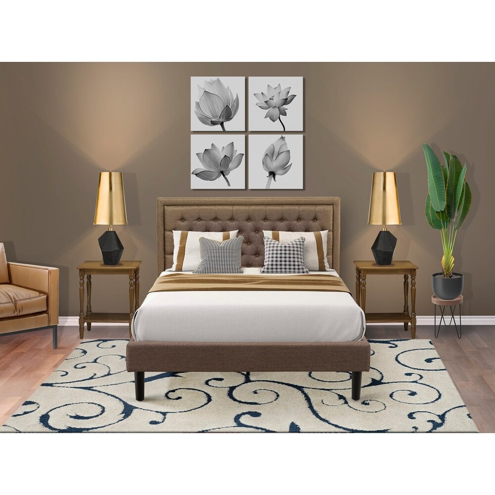 East West Furniture Bedroom Set   Queen Size Bed Brown   Headboard with Wooden Nightstand (End Table Pieces Option)