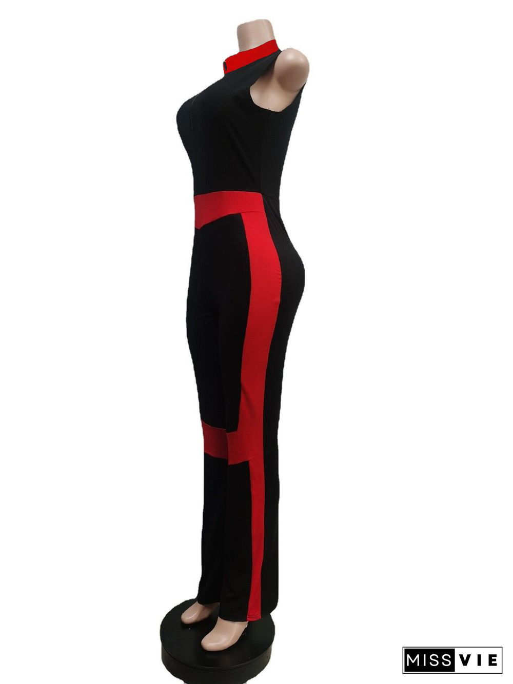 Patchwork Zipper Sleeveless Bodycon Fitness Jumpsuit