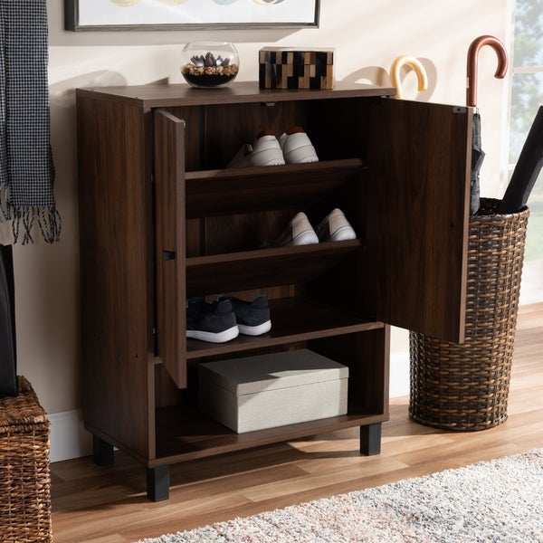 Modern and Contemporary Walnut Brown 2-Door Shoe Storage Cabinet - - 27147069