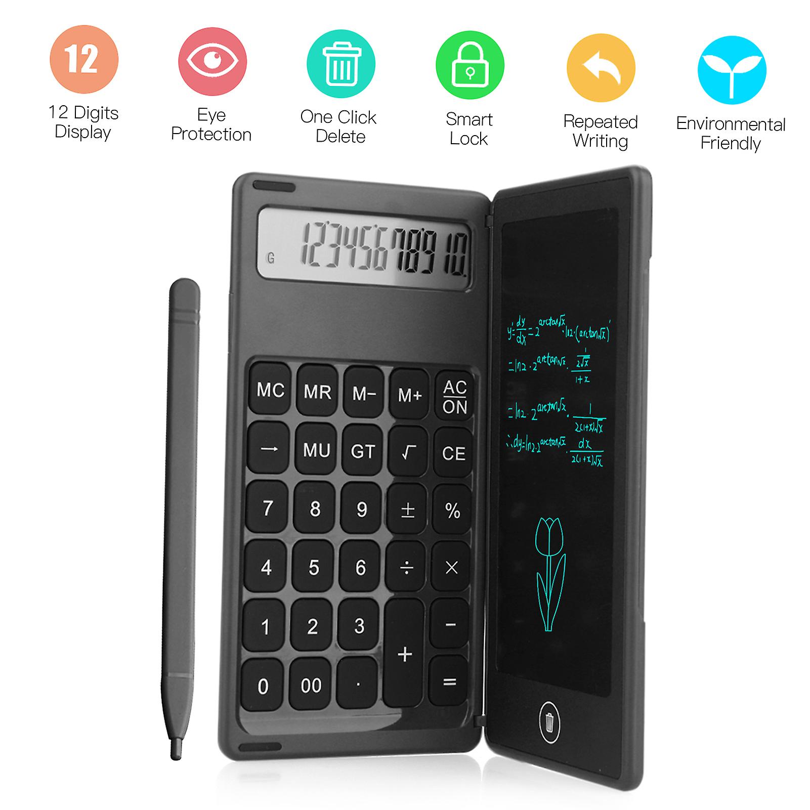 Foldable Calculator and 6 Inch Lcd Writing Tablet Digital Drawing Pad 12 Digits Display With Stylus Pen Erase Button Lock Function For Children Adults H