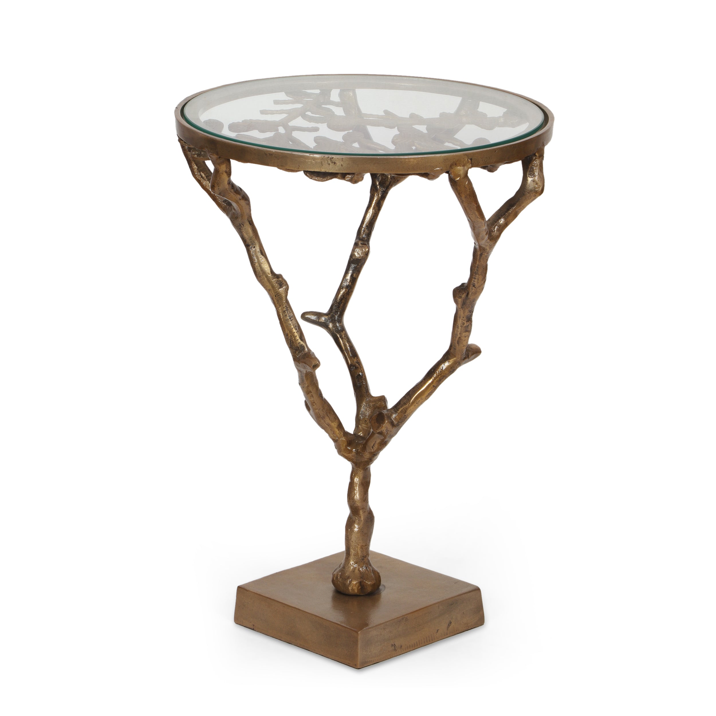 Nic Boho Glam Handcrafted Aluminum Floral Accent Table with Glass Top, Raw Brass